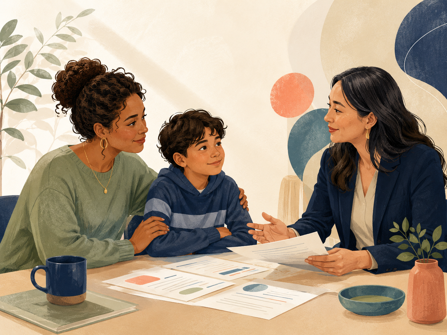 An educational advocate meeting with a parent and student around a table